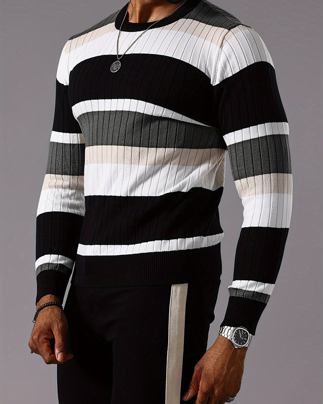 Striped Ribbed Pullover Sweater - Casual Long Sleeve Knit