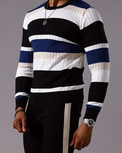 Striped Ribbed Pullover Sweater - Casual Long Sleeve Knit