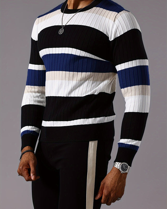 Striped Ribbed Pullover Sweater - Casual Long Sleeve Knit