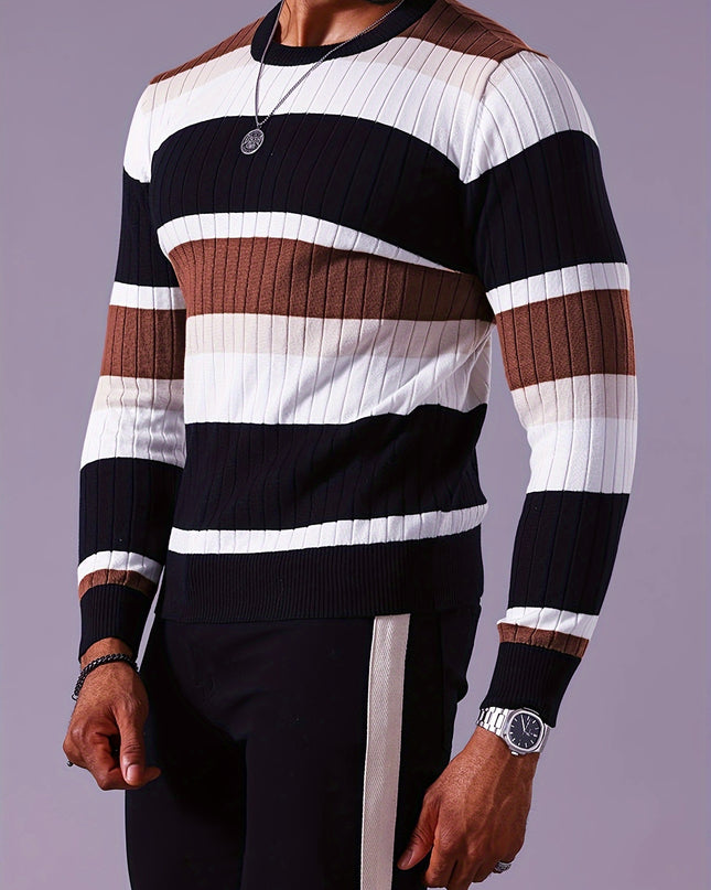 Striped Ribbed Pullover Sweater - Casual Long Sleeve Knit