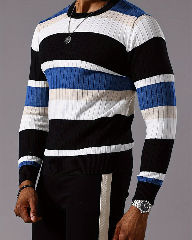 Striped Ribbed Pullover Sweater - Casual Long Sleeve Knit
