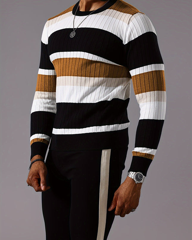 Striped Ribbed Pullover Sweater - Casual Long Sleeve Knit