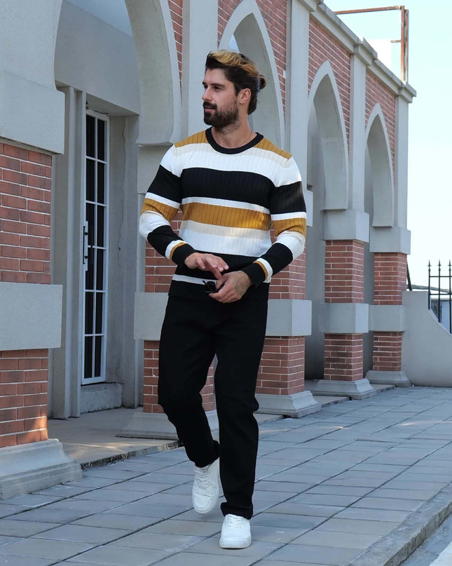 Striped Ribbed Pullover Sweater - Casual Long Sleeve Knit
