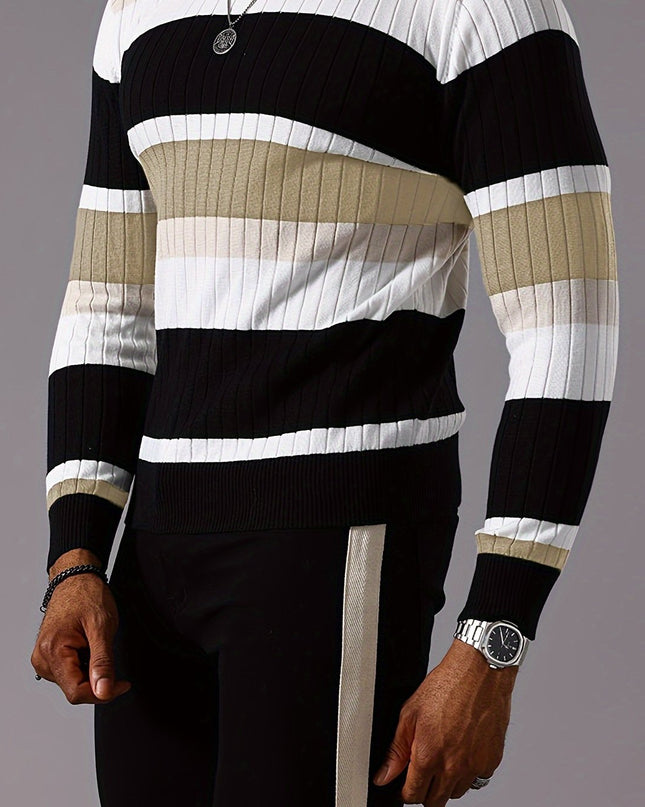 Striped Ribbed Pullover Sweater - Casual Long Sleeve Knit