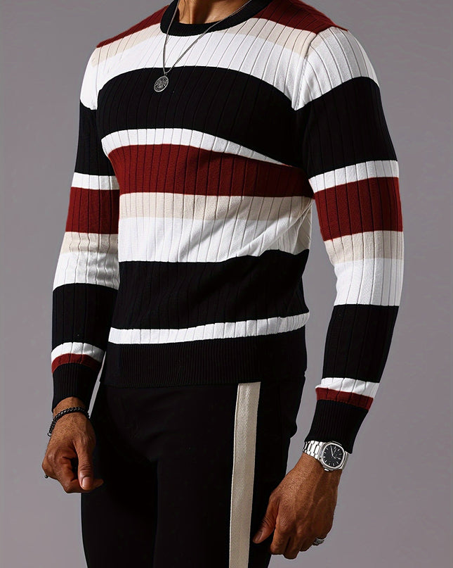 Striped Ribbed Pullover Sweater - Casual Long Sleeve Knit