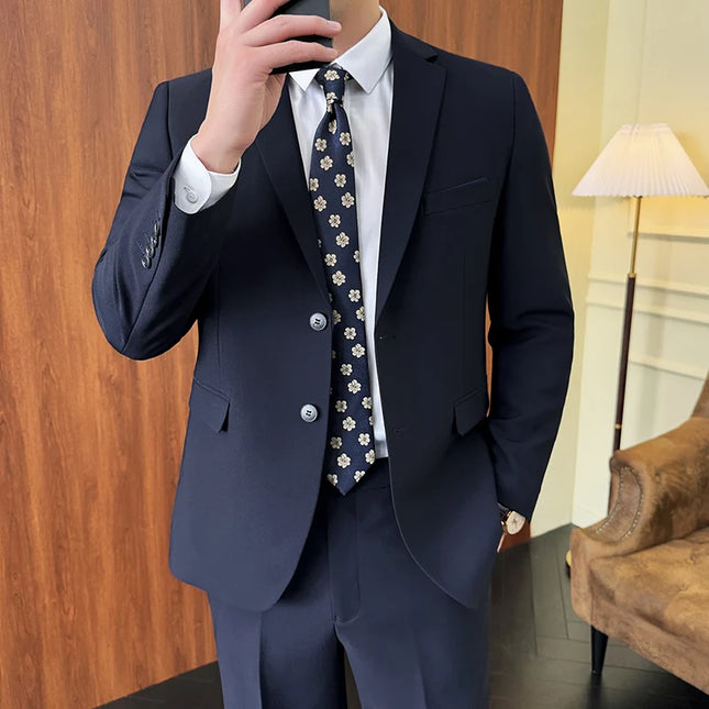 Stylish Men's Solid Color Business Suit - Blazer and Pants Set