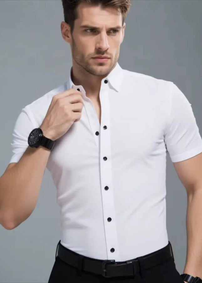 Summer Men's Short Sleeve Dress Shirt - Anti-Wrinkle, Elastic Fit
