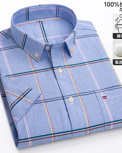 Summer Men’s Stripe Shirt - 100% Cotton Short Sleeve Oxford Top