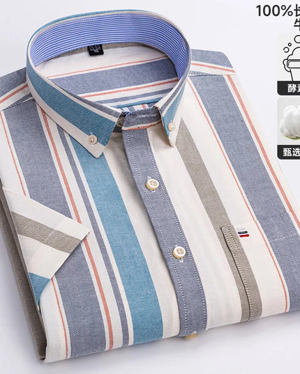 Summer Men’s Stripe Shirt - 100% Cotton Short Sleeve Oxford Top