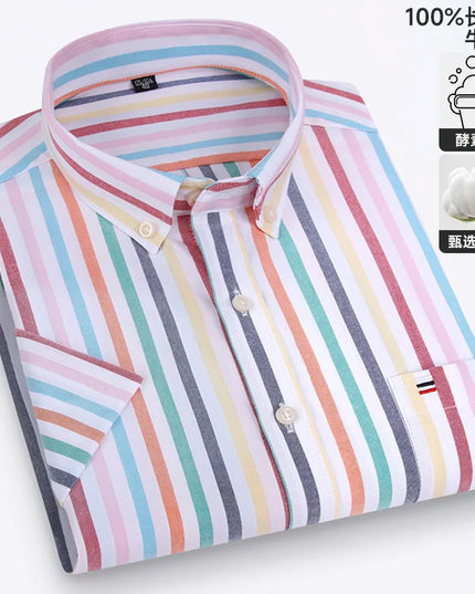 Summer Men’s Stripe Shirt - 100% Cotton Short Sleeve Oxford Top