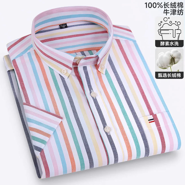 Summer Men’s Stripe Shirt - 100% Cotton Short Sleeve Oxford Top