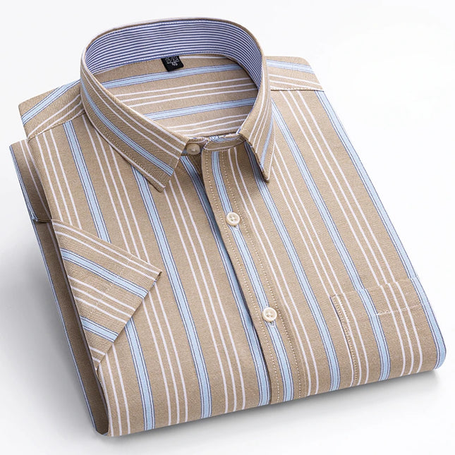 Summer Men’s Stripe Shirt - 100% Cotton Short Sleeve Oxford Top