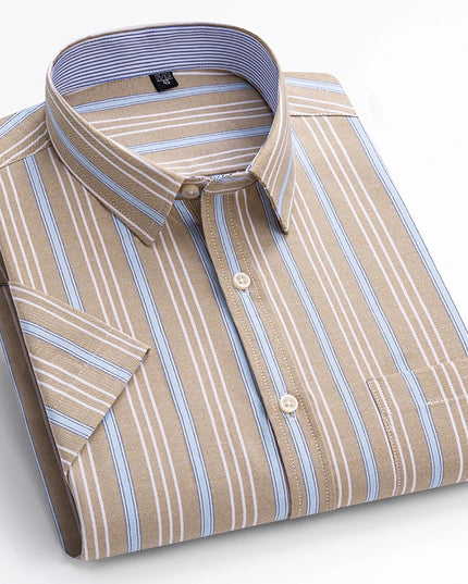 Summer Men’s Stripe Shirt - 100% Cotton Short Sleeve Oxford Top