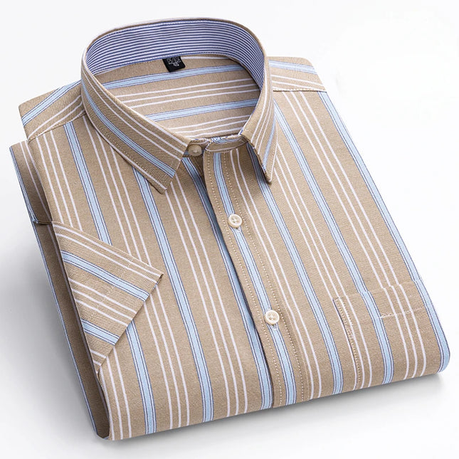 Summer Men’s Stripe Shirt - 100% Cotton Short Sleeve Oxford Top