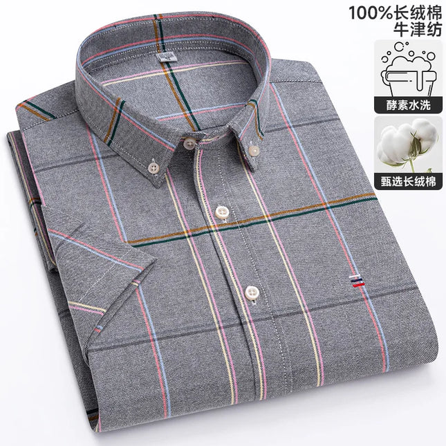 Summer Men’s Stripe Shirt - 100% Cotton Short Sleeve Oxford Top