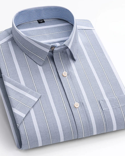 Summer Men’s Stripe Shirt - 100% Cotton Short Sleeve Oxford Top