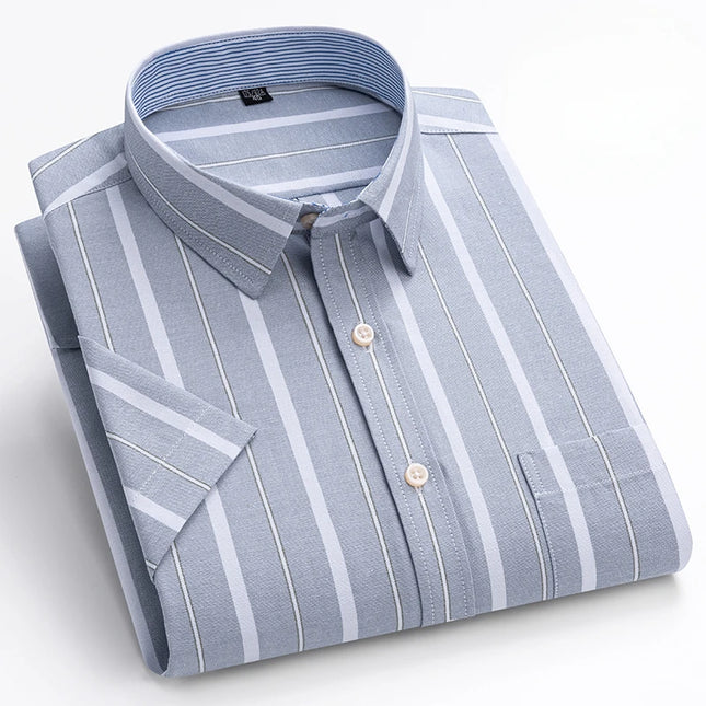 Summer Men’s Stripe Shirt - 100% Cotton Short Sleeve Oxford Top
