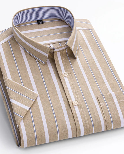 Summer Men’s Stripe Shirt - 100% Cotton Short Sleeve Oxford Top