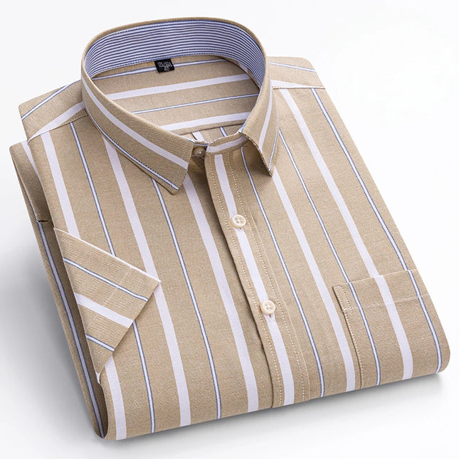 Summer Men’s Stripe Shirt - 100% Cotton Short Sleeve Oxford Top