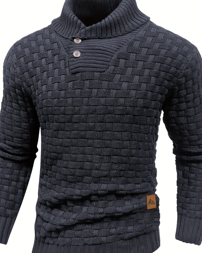 Voldri Men's Casual Waffle Knit Sweater - Lapel Button Design