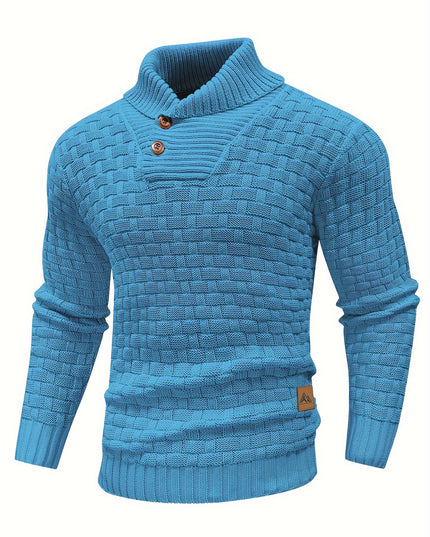 Voldri Men's Casual Waffle Knit Sweater - Lapel Button Design