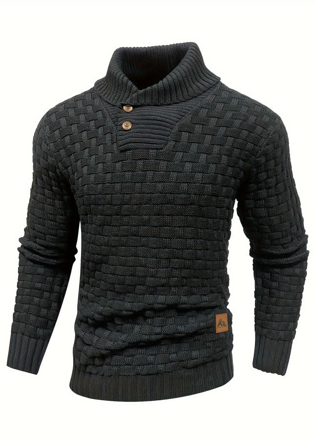 Voldri Men's Casual Waffle Knit Sweater - Lapel Button Design