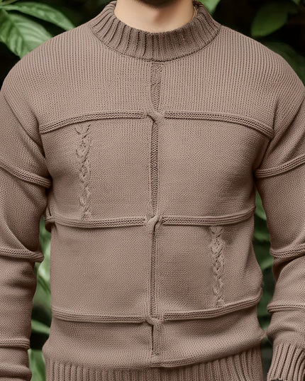 Men's Knitted Pullover Sweater with a Vintage Casual Style. Features a Comfortable, Mid-length Cut with a Round Neckline. Ideal for Layering in Spring and Autumn Seasons. The Garment Is Divided into Sections with Partial Vint -   | Stylish & Elegant Fashion by Voldri