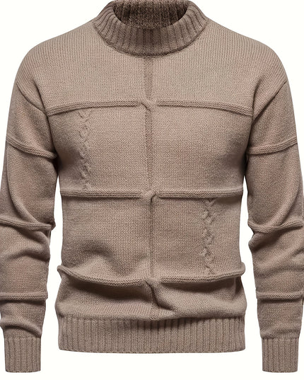 Men's Knitted Pullover Sweater with a Vintage Casual Style. Features a Comfortable, Mid-length Cut with a Round Neckline. Ideal for Layering in Spring and Autumn Seasons. The Garment Is Divided into Sections with Partial Vint -   | Stylish & Elegant Fashion by Voldri