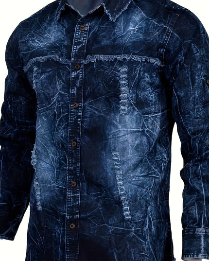 Men'S Retro Denim Shirt | Long-sleeved, Fashionable New Style, Casual Coat with High-end Feel, Washed Denim, Lapel Collar, Classic Blue, Versatile Top, Handcrafted, Popular for Men -   | Stylish & Elegant Fashion by Voldri
